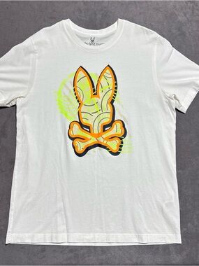 Psycho Bunny White Tee with Neon Orange & Neon Lime Bunny Graphic